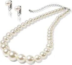 LunArts パールネックレス 1連 イヤリング or ピアス セット 8mm 真珠 冠婚葬祭 結婚式( ホワイト)