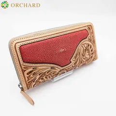 スティングレイ ガルーシャ エイ革 フラワーカービング 牛革 レッド 赤 ラウンドファスナー 長財布 ロングウォレット