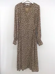 ◇ Avan Lily 花柄 Vネック レースアップ 長袖 膝下丈 ワンピース サイズF ブラウン系 ホワイト系 マルチ レディース E  【1305010005915】