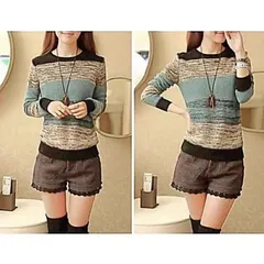 ニット 長袖 セーター ニット レディース バイカラー フリーサイズ グリーン