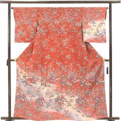 訪問着 身丈163cm 裄64cm 前幅23cm 後幅29cm 袖丈52cm 袖幅32cm レディース 袷 花柄 裄Mサイズ 秋冬春用 正絹（シルク）ピンク 美品 リメイク リユース リサイクル【呉服のきくや】