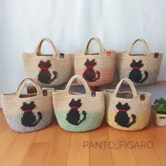 ツートンカラー:ねこちゃんシルエットがかわいい  麻ひもバッグ