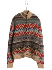 【お得なクーポン配布中!】 00s ラルフローレン ネイティブ ニット カーディガン レディース XL / オールド ポロ コットン リネン ハイネック セーター 大きいサイズ