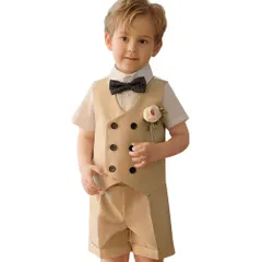 100_01カーキ色 [Icyrain] 子供 フォーマル 男の子 夏 ベビー スーツ 子供スーツ 半袖 上下セット キッズ 男の子 おしゃれ ベビータキシード 5点セット 結婚式 初節句 七五三 卒園式 入園式 入学式 (100cm, 01カーキ色)