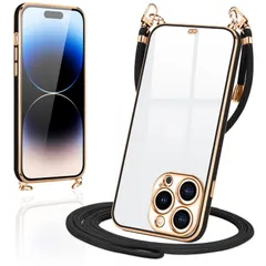 iPhone14 Pro ケース ショルダー クリア いphone14プロ スマホケース カバー 肩掛け 首掛け 斜めかけケース 可愛い かわいい 韓国 透明 TPU 薄型 耐衝撃 シリコン アイフォン14pro(ブラック)