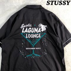 STUSSY ボーリングシャツ XL 刺繍 カクテル Exotic Laguna Lounge セクシーガール オープンカラーシャツ 開襟 アロハ ブラック 黒 ステューシー