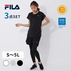FILA フィットネスウェア レディース  3点セット ブラック トレーニングウェア 女性   半袖Tシャツ+レギンス+ショートパンツ 大きいサイズ ヨガ  UVカット 体型カバー ランニング  312061