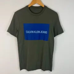 CALVIN KLEIN JEANS カルバンクラインジーンズ Tシャツ 半袖 ボックスロゴ デカロゴ ラバープリント アースカラー オリーブグリーン XSサイズ メンズ 古着 ストリート Y2K