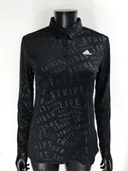 【USED】adidas アディダス ポリエステル 長袖 ポロシャツ 総柄 ブラック 黒 レディース OT LL XL ゴルフウェア