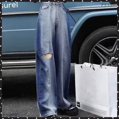 デニムワイドパンツ サイドダメージ韓国風レディース ハイウエスト ストレートパンツ 着やせロングパンツ ゆったり ウォッシュジーンズ カットアウト デニムパンツボトムス体型カバー 脚長美脚 ジーパン 10代20代30代