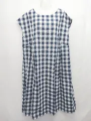 ◇ ⊂ チェック ゆったり フレンチスリーブ 膝下丈 ワンピース サイズL ネイビー ホワイト レディース E  【1506110008817】