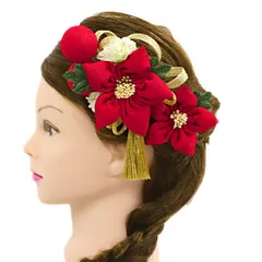 髪飾り 成人式 つまみ細工 赤 振袖 前撮り 袴 花 2点セット 白 ゴールド ちりめん 組紐 玉飾り 房 房付き 剣つまみ かんざし No.9-5103