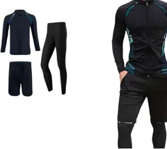 KIDSMAL メンズ ラッシュガード 3点セット 長袖 UVカット ビーチ ランニング フィットネス ペアルック(アクセント,  2XL)