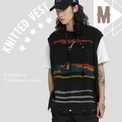 ベスト ニット セーター メンズ おしゃれ オーバーサイズ 重ね着 レイヤード ダメージ やれ感 ワイルド ゆったり 大きいサイズ クルーネック 丸首 シャツ ユニセックス ミリタリー かさね 春 秋 ブラック ライン ユニクロ ラルフ ポロ ブラック 黒 M