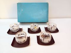 レトログラス5客セット　曇りガラス　馬車柄　金縁【中古品】