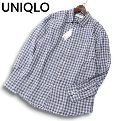 【新品 未使用】 UNIQLO ユニクロ 春夏 麻 プレミアムリネン100% 長袖 チェック シャツ Sz.L メンズ ネイビー