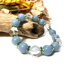 エンジェライト&水晶 パワーストーン ブレスレット 天然石 12mm （グリーン）メンズ・レディース　男性・女性　数珠ブレス　開運  [17]