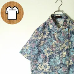 STOG 半袖 総柄 シャツ M ステッチデザイン 花柄 A466 やや透け感 シースルー ブルー 青