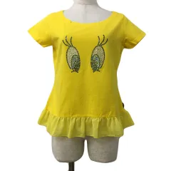 キャロウェイ CALLAWAY TWEETY カットソー Tシャツ プルオーバー ラウンドネック ゴルフウェア 刺繍 ロゴ ラインストーン 切替 フリル 半袖 M 黄 黒 イエロー ブラックのサムネイル
