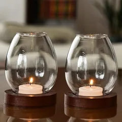 Archnote キャンドルホルダー ガラス キャンドルスタンド キャンドルランタン 木 ティーライトキャンドル キャンドルグラス 2個(透明,  高さ11.5cm 土台幅8.5cm ガラス上)