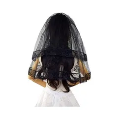 misaki ウエディングベール ショートベール 黒 花嫁ベール レース刺繍 ベールダウン 二段ベール (コーム付きB Free Size)