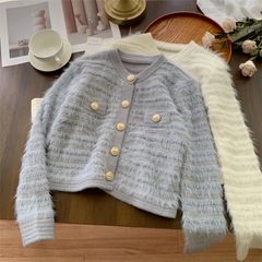 ノーカラージャケット レディース 春 長袖 ツイード風 ニットジャケット ノーカラー トップス ショート丈 ジャケット アウター ライトコート 羽織 ママスーツ カ zzr021163256c1