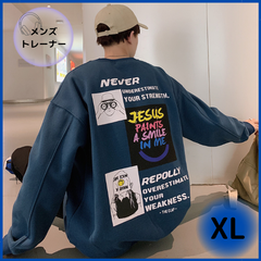 韓国ストリート　バックプリントトレーナー　スウェット　裏起毛　暖かい　ＸＬ　青