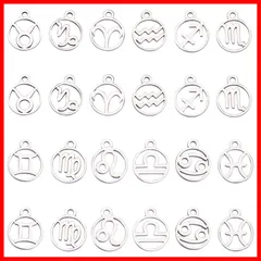 SUNNYCLUE　ギリシャ神話　2セット24個　ステンレス　チャーム　星座　チャーム　コンステレーション　パーツ　12星座　ピアス　円形　イヤリング　文字　ネックレス　シンボル　ブレスレット　フラット　キーホルダー　ラウンド　サイン　占卜　占星術　黄道帯　干