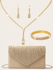 ジュエリー レディース セット 4点セット ウィメンズ ラインストーン イブニングクラッチバッグ、ラインストーン イヤリップ、ブライダル ウエディング チョーカー ブレスレット ダングル ブリンブリン グリッター