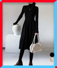 新品 ミドル丈ニットワンピースハイネックワンピ 長袖ニットワンピ黒 韓国風ワンピ細見え お洒落ワンピ着やせ