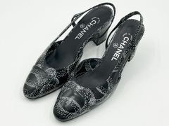 CHANEL シャネル レディース パンプス 靴 スリングバックスシューズ プリンテッド カーフスキン ブラック ホワイト サイズ：37.5 23K G31318 B14610 NS458 美品