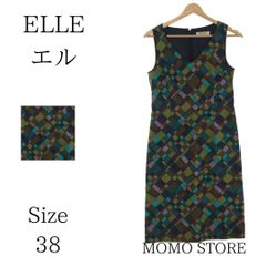 ELLE エル ワンピース ひざ丈 袖なし ノースリーブ Vネック 総柄 レディース ブラック 38