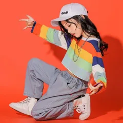 ヒップホップ ダンス 衣装 韓国 キッズダンス衣装 トップス hiphop tシャツ 虹柄 長袖 キッズ ダンス デニム パンツ ダンスパンツ 演出服 応援団 zhulianj01