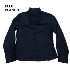 【ELLE PLANETE/エルプラネット】フリルブラウス 長袖ブラウス 長袖シャツ スタンドカラー フリルネック リボン ネイビー 紺 コットンシャツ 綿 無地 リボン（中古）