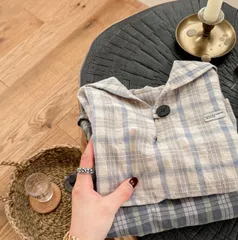 キッズシャツ チェック セーラー 110 120 130 韓国風 長袖 おしゃれ 可愛い ユニセックス 男女兼用 女の子 男の子 お揃い コーデ 長め丈 ベージュ グレー 3歳 4歳 5歳 6歳 兄弟 姉妹 双子 お揃い コーデ