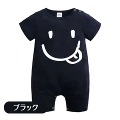 送料無料 ブラック 半袖 5分丈 ロンパース やわらか素材 デザイン柄 韓国子供服 おしゃれ 乳幼児 キッズ ベビー服 66cm 73cm 80cm 90cm 100cm