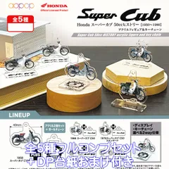 Honda スーパーカブ 50ccヒストリー【1950～1980】アクリルフィギュア＆キーチェーン アオポップ 【全５種フルコンプセット＋ＤＰ台紙おまけ付き】 Super Cub ホンダ オートバイ バイク グッズ ガチャガチャ カプセルトイ
