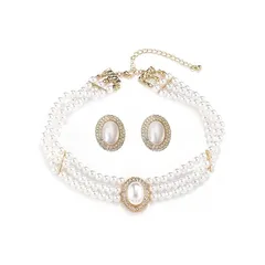 【新品】 [Aleasha] 結婚式 パール ネックレス ピアス セット 白 3重 模造真珠 チョーカー ゴージャス レディース パーティー アクセサリー 長さ 調整可能