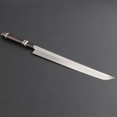 6254切付型 特大牛刀 尺一 刺身包丁 両刃 黒檀黒水牛角二本銀巻八角柄