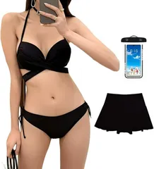 OJUMAH 水着 レディース クロス ビキニ スカート ３点 セット 美バスト ワイヤー入り 体型カバー 無地 ホルターネック( ブラック,  L)