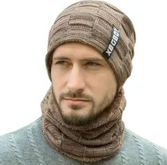 CUBATTY ニット帽子 ネックウォーマー 2点セット 防寒 裏起毛 メンズ レディース ニットキャップ スキー スノボー バイク アウトドア用( カーキ,  Free Size)