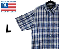 ポロジーンズ　半袖 シャツ　チェック柄　ブルー　L　K00153