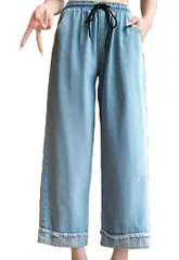 L_ライトブルー [ROSELUCA.] ワイド バギー デニム パンツ レディース 春 夏 ウエストゴム ジーンズ ハイウエスト 長ズボン 股上深め ポケット ワイドレッグ 裾 ロールアップ 紐 ストレート 軽い 20代 ストレッチ 丈長め ルーズ 脚長効果