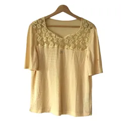 伊太利屋/GKITALIYA(イタリヤ) 半袖カットソー サイズ11 M レディース - ライトイエロー レース/ラインストーン/クロコダイル柄/シースルー