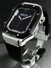 Apple Watchラバーバンドカバーメタルケースアップルウォッチカスタム16　ブラックシルバー　ステンレス　メンズ　レディース　スポーツバンド