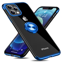 【迅速発送】iPhone 12 Pro Max 用 ケース リング付き クリア 耐衝撃 スタンド機能 透明 TPU 車載ホルダー対応 落下防止 防塵 薄型 軽量 一体型 変形防止 全面保護カバー アイフォン 12 プロ マックス 用 ケース 青 W-YXZH-
