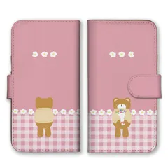 iPhone15ProMax ケース 手帳型 iPhone15 プロマックス スマホケース 携帯ケース くま クマ くまちゃん テディベア 可愛い お花 ギンガムチェック ベージュ こども キッズ カラー02