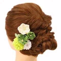 髪飾り 成人式 つまみ細工 振袖 前撮り 袴 浴衣 夏祭り 花火大会 豪華3点セット 緑 黄緑 白 渋緑 ちりめん ラインストーン ヘ No.9-3630