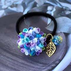 ❁人気！つまみ細工大人かわいい紫陽花カラー＆とんぼ玉ブーケヘアゴム❁ハンドメイドアクセサリー・着物・浴衣和装髪飾り・卒業式・卒園式・入学式・入園式・季節行事・和風ヘアゴム