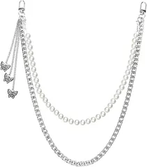 HARGIO(ハルジオ) ウォレットチェーン アクセント ベルトレディース パール ズボンチェーン パンツチェーン 財布 シルバー キーチェーン ズボンにつけるチェーン 可愛い オシャレ(シルバー,  Free)